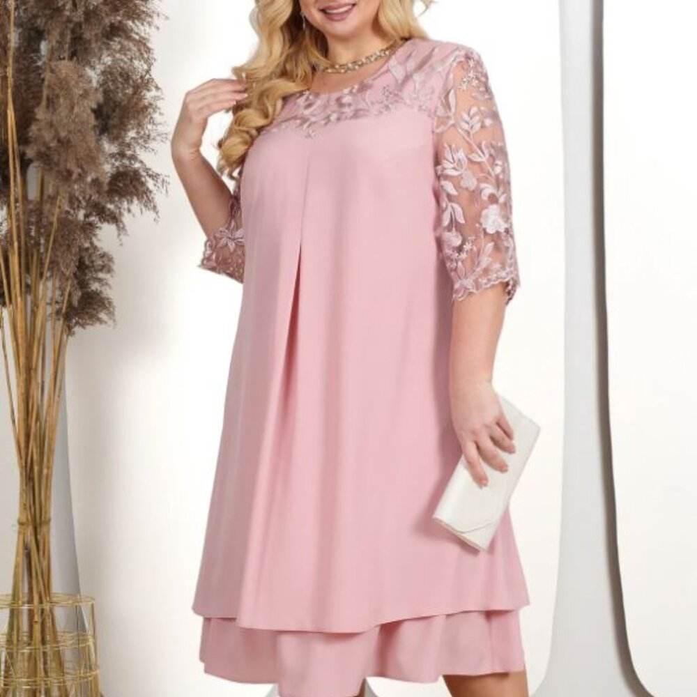 Women Plus Size Short Sleeve Embroidery Floral Formal Wedding Dress, Pink, XL